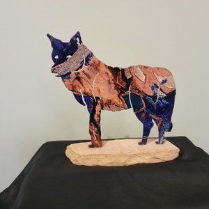 Lazart  Metal Wolf Sculpture on Sandstone Base